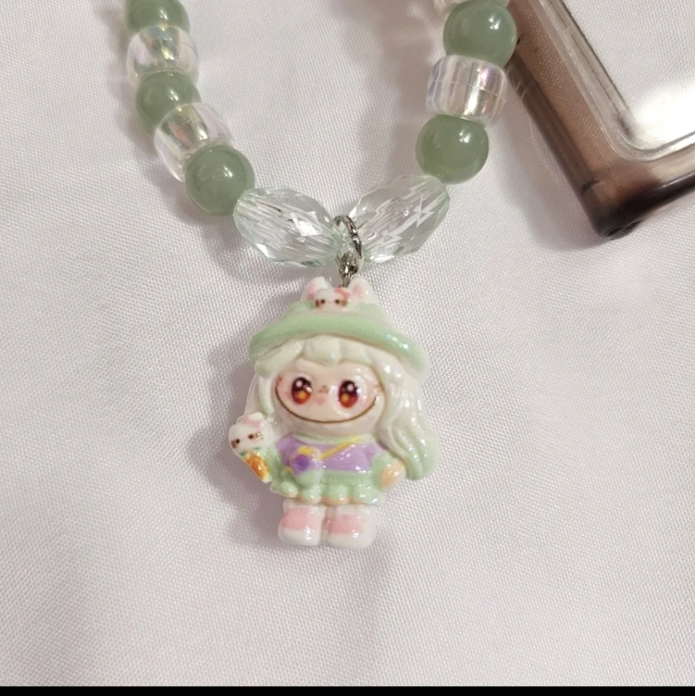 Cute Pastel Green Girly Dainty Elegant Beaded Labubu Phone Charm or Wrist Strap